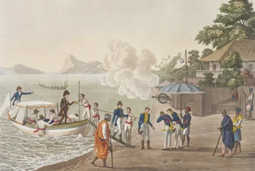 Primeiro desembarque dos franceses no Posto Português de Dille, Timor, placa 5 de &39;Le Costume Ancien et Moderne&39; de Jules Ferrario, publicado c.1820s-30s